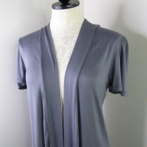 New B'Leev Juniors L Mesh Floral Back Draped Open-Front Short Sleeve Cardigan - Picture 2 of 9